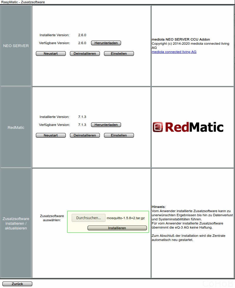RaspMatic - Zusatzsoftware: Mosquitto installieren
